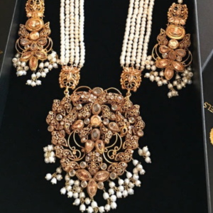 Elegant Gold Plated Pearl Bridal Necklace Set with Earrings