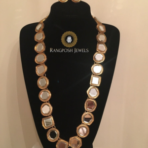 Elegant Mirror Stone Long Necklace Set with Earrings – Gold Tone Statement Jewelry